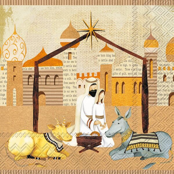 Artistic Nativity scene with Mary, Joseph, baby Jesus, a cow, and a donkey, set against a textured background with village buildings