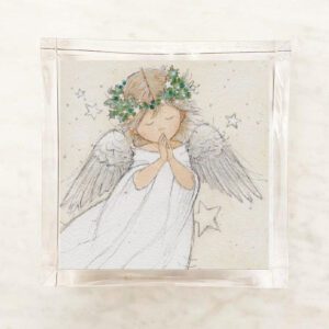 Paper napkin featuring a delicate illustration of a praying angel with wings and a floral wreath, surrounded by stars