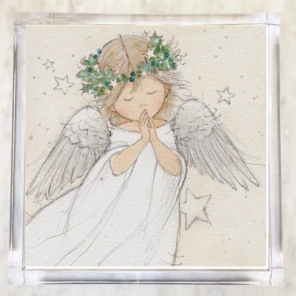 Paper napkin featuring a delicate illustration of a praying angel with wings and a floral wreath, surrounded by stars