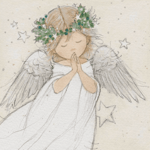 Paper napkin featuring a delicate illustration of a praying angel with wings and a floral wreath, surrounded by stars