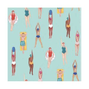 Printed paper napkin featuring a playful pattern of colorful swimmers in various poses on a turquoise background, perfect for pool parties, beach events, and summer gatherings