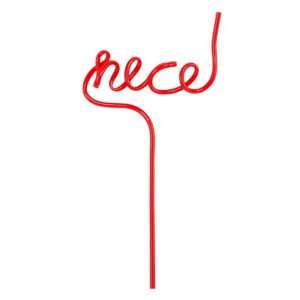 Red straw shaped in a playful design spelling the word 'nice' in cursive