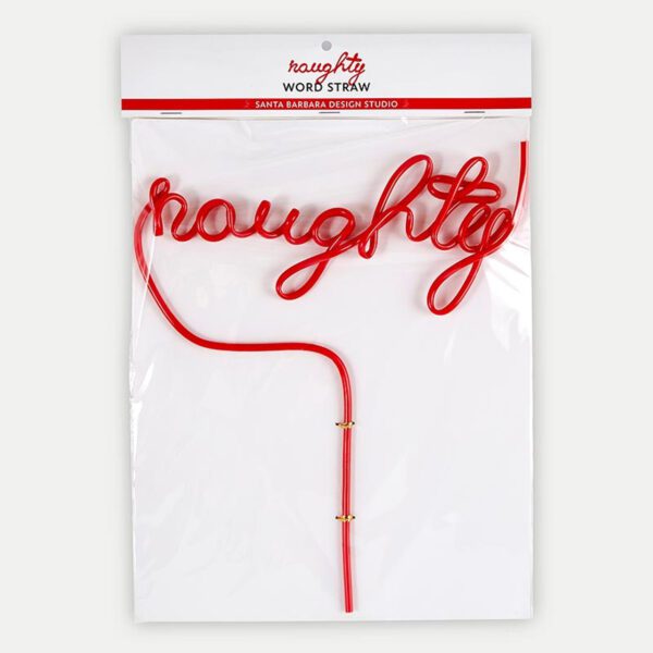 Festive red straw shaped in cursive spelling "naughty" perfect for Christmas parties and holiday gifts.