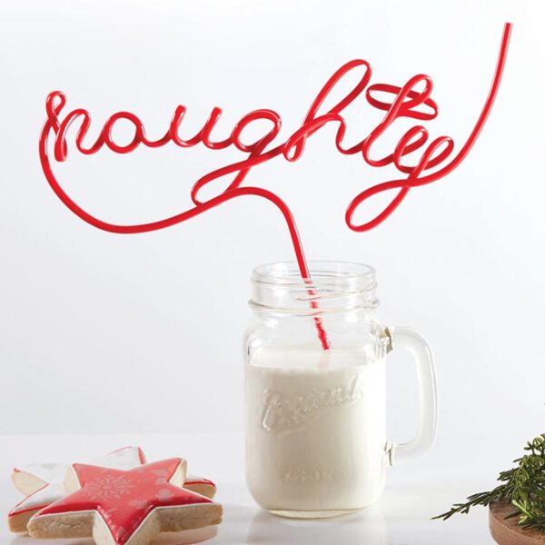 Festive red straw shaped in cursive spelling "naughty" perfect for Christmas parties and holiday gifts.