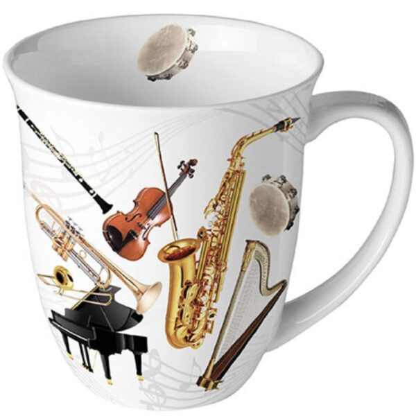 Music Instruments Mug featuring a piano, sax, trumpet, violin, viola, tambourine, harp, clarinet in a white musical notes background.