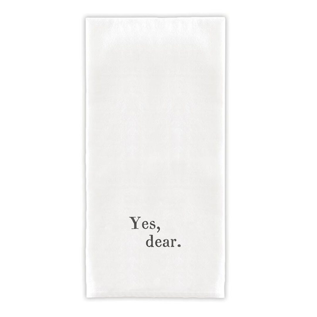 White hand towel with "Yes, dear." printed in black text, perfect for adding humor and charm to any kitchen or bathroom.