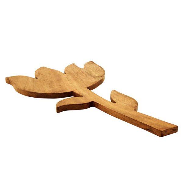 Handcrafted mango wood tulip-shaped cutting board with a single leaf detail, shown from a flat side angle