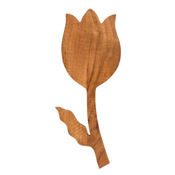 Handcrafted mango wood tulip-shaped cutting board with a single leaf detail, shown from a flat side angle