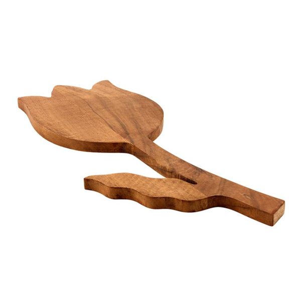Handcrafted mango wood tulip-shaped cutting board with a single leaf detail, shown from a flat side angle